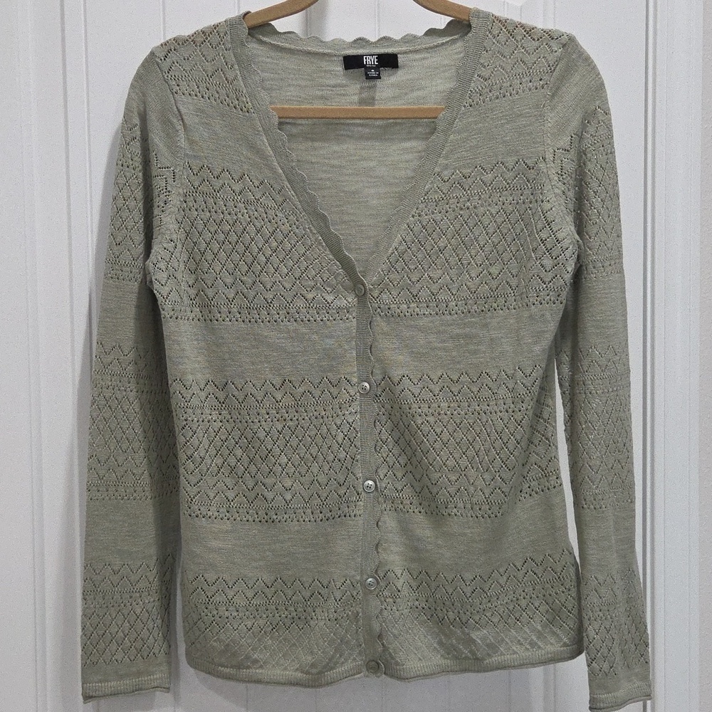 Frye Women’s Pointelle Cardigan Sage, Scalloped Edges, Small